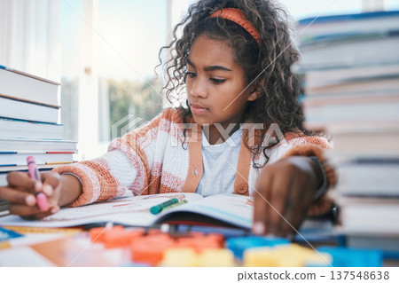 Art, homework and child coloring in a book for artistic project, assignment or fun. Crayon, education and girl kid student writing for creative learning in a notebook by a desk at modern home. Art, homework and child coloring in a book for artistic project, assignment or fun. Crayon, education and girl kid student writing for creative learning in a notebook by a desk at modern home. 137548638