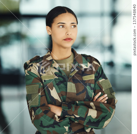 Military, thinking and arms crossed with a woman soldier in uniform for safety, service or patriotism Army, idea and a serious young war hero looking confident or ready for battle in camouflage Military, thinking and arms crossed with a woman soldier in uniform for safety, service or patriotism Army, idea and a serious young war hero looking confident or ready for battle in camouflage 137548640