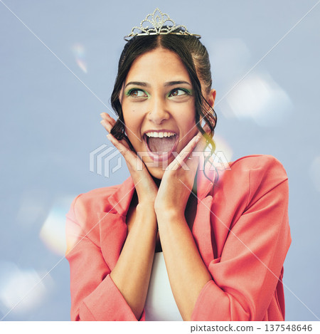 Wow, beauty and portrait of woman with crown in studio for glamour, luxury and winning in glitter. Fashion, excited and person in tiara for princess pageant, winner and cosmetics on purple background 137548646