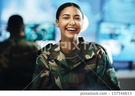 Portrait, smile and a woman in a military control room for strategy as a soldier in uniform during war or battle. Face, happy and a young army person in an office for support, surveillance or service Portrait, smile and a woman in a military control room for strategy as a soldier in uniform during war or battle. Face, happy and a young army person in an office for support, surveillance or service 137548653