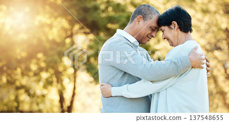 Love, hug and a senior couple in nature for happiness, bonding and a date in marriage. Smile, mockup space and an elderly man and woman with care, romance and together in a park in retirement Love, hug and a senior couple in nature for happiness, bonding and a date in marriage. Smile, mockup space and an elderly man and woman with care, romance and together in a park in retirement 137548655