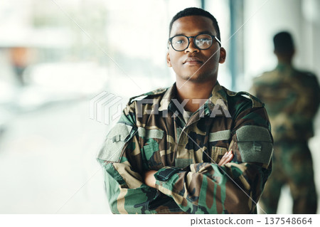 Confident soldier portrait, mockup and arms crossed in army building, pride and professional hero service. Military career, security and courage, black man in camouflage uniform at government agency. Confident soldier portrait, mockup and arms crossed in army building, pride and professional hero service. Military career, security and courage, black man in camouflage uniform at government agency. 137548664