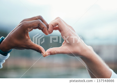 Outdoor, closeup and people with heart sign, hands and support with kindness, emoji and commitment. Outside, couple or interracial with symbol for love, trust and partnership with care, icon and like Outdoor, closeup and people with heart sign, hands and support with kindness, emoji and commitment. Outside, couple or interracial with symbol for love, trust and partnership with care, icon and like 137548666