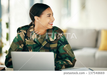 Laptop, smile and thinking with a woman soldier looking at space while reading military information online. Computer, happy and idea with a young army person working at base for strategy or planning Laptop, smile and thinking with a woman soldier looking at space while reading military information online. Computer, happy and idea with a young army person working at base for strategy or planning 137548669