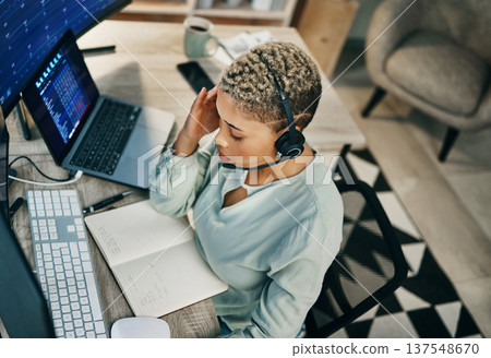 Headache, pain and woman in call center, fatigue or burnout at help desk office. Stress, migraine and tired African consultant frustrated at customer, fail telemarketing challenge or financial crisis Headache, pain and woman in call center, fatigue or burnout at help desk office. Stress, migraine and tired African consultant frustrated at customer, fail telemarketing challenge or financial crisis 137548670