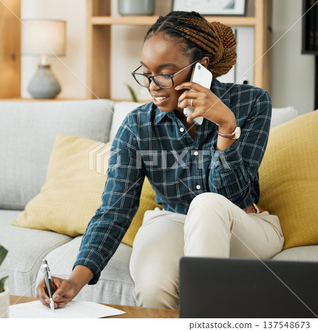 Woman, home and phone call for paper, documents and contract signature, policy advice or insurance. Young african person on sofa writing, talking on mobile and financial services or loan application Woman, home and phone call for paper, documents and contract signature, policy advice or insurance. Young african person on sofa writing, talking on mobile and financial services or loan application 137548673