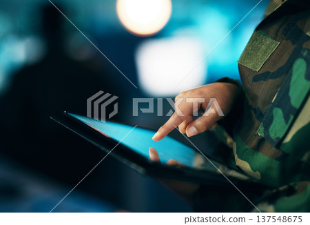 Military, woman and hand typing with tablet in communication, surveillance or technical support in control room for army. USA, cybersecurity or person working online with database, research or mockup Military, woman and hand typing with tablet in communication, surveillance or technical support in control room for army. USA, cybersecurity or person working online with database, research or mockup 137548675