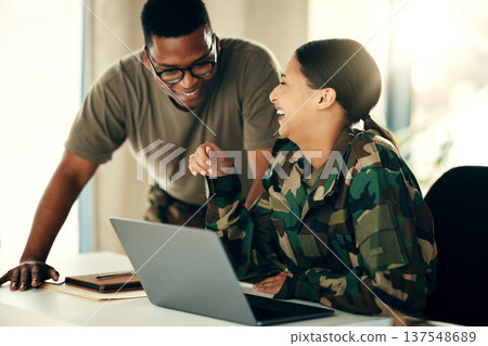Laptop, friends and a military team laughing in an office on an army base camp together for training. Computer, smile or funny with a man and woman soldier working together on a winning strategy Laptop, friends and a military team laughing in an office on an army base camp together for training. Computer, smile or funny with a man and woman soldier working together on a winning strategy 137548689