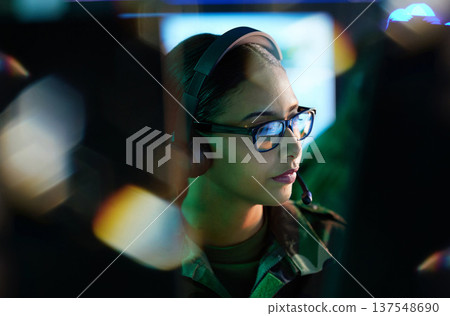 Military control room, security and woman monitor CCTV, global army network or online surveillance system. Data center, cyber support soldier and face of person helping with crime safety service Military control room, security and woman monitor CCTV, global army network or online surveillance system. Data center, cyber support soldier and face of person helping with crime safety service 137548690