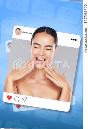 Social media, post and content creation, beauty and happy woman with frame, dermatology and excited influencer. App, profile picture and overlay with skincare, cosmetic care and photography display Social media, post and content creation, beauty and happy woman with frame, dermatology and excited influencer. App, profile picture and overlay with skincare, cosmetic care and photography display 137548706