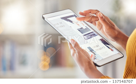 Web design, research and hands with a tablet for work, programming or check on the internet. Connection, office and an employee with technology for a website, ux development or an online blog 137548707