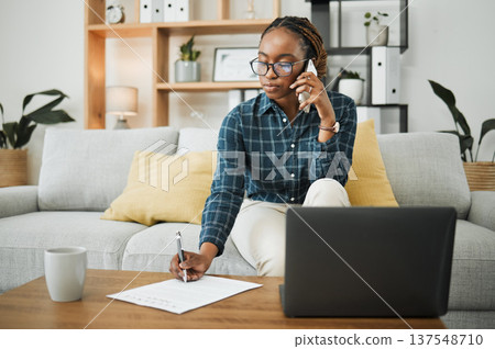 Woman, home and phone call for documents, paper signature or contract advice, policy and insurance. Young african person on sofa writing, talking on mobile and financial review or loan application 137548710