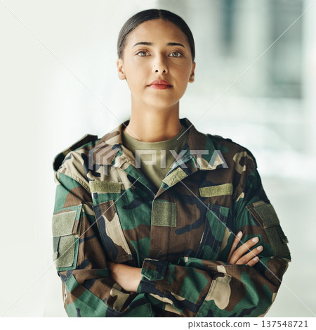 Confident soldier portrait, woman and arms crossed in army building, pride and professional hero service. Military career, security and courage, proud girl in camouflage uniform at government agency. Confident soldier portrait, woman and arms crossed in army building, pride and professional hero service. Military career, security and courage, proud girl in camouflage uniform at government agency. 137548721