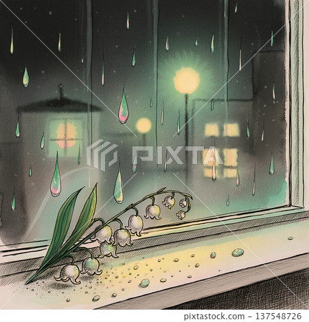 Lily of the valley by the window illuminated by the rainy city lights Lily of the valley by the window illuminated by the rainy city lights 137548726