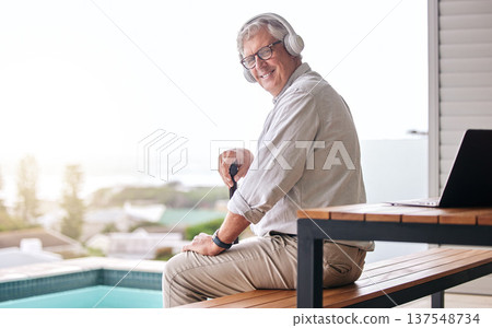 Headphones, patio and portrait of senior man by pool in backyard for relaxing, chill and podcast. Retirement home, happy and elderly person listening to music, streaming song and audio in summer Headphones, patio and portrait of senior man by pool in backyard for relaxing, chill and podcast. Retirement home, happy and elderly person listening to music, streaming song and audio in summer 137548734