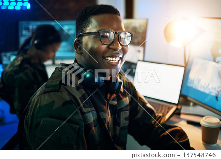 Military control room, computer and soldier in portrait, headset and tech for communication. Security, global surveillance and black man with blank monitor in army office at government command center Military control room, computer and soldier in portrait, headset and tech for communication. Security, global surveillance and black man with blank monitor in army office at government command center 137548746