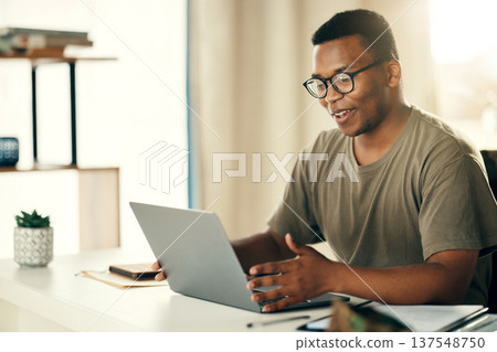 Laptop, man and smile for remote work, research or copywriting in home office with happiness and glasses. Computer, employee and person working or reading project online with internet or connectivity Laptop, man and smile for remote work, research or copywriting in home office with happiness and glasses. Computer, employee and person working or reading project online with internet or connectivity 137548750