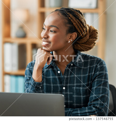 Woman, thinking and computer for work from home opportunity, copywriting ideas and planning goals. Young african person, happy freelancer or writer on laptop, business vision and brainstorming online 137548755