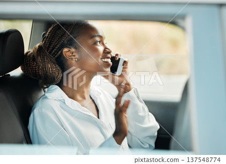 Phone call, smile and black woman in car to travel, conversation and communication. Mobile, taxi and happy African person on trip, journey and commute in transportation, talking and listening to news Phone call, smile and black woman in car to travel, conversation and communication. Mobile, taxi and happy African person on trip, journey and commute in transportation, talking and listening to news 137548774