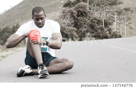 Knee pain, black man with fitness injury, health and wellness with red overlay, medical emergency and inflammation. Mockup space, marathon race outdoor and muscle tension with glow and fibromyalgia Knee pain, black man with fitness injury, health and wellness with red overlay, medical emergency and inflammation. Mockup space, marathon race outdoor and muscle tension with glow and fibromyalgia 137548776