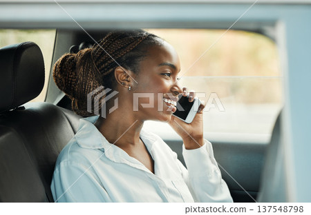 Phone call, happy and black woman in car to travel, conversation and communication. Mobile, taxi and African person smile on trip, journey and commute in transportation, talking and listening to news Phone call, happy and black woman in car to travel, conversation and communication. Mobile, taxi and African person smile on trip, journey and commute in transportation, talking and listening to news 137548798