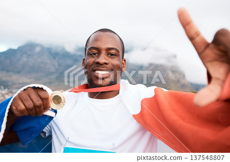 Winner portrait, flag or black man with gold medal, emoji sign and pose for marathon runner, competition or champion picture. Target success photo, achievement or France athlete with race prize award 137548807