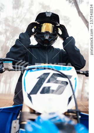 Sports, dirt bike and speed with person on motorcycle in forest for challenge, training and performance. Fast, fitness and freedom with man riding in nature for travel, journey and adventure Sports, dirt bike and speed with person on motorcycle in forest for challenge, training and performance. Fast, fitness and freedom with man riding in nature for travel, journey and adventure 137548834