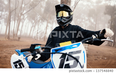 Motorcycle, person and sport in forest with training for competition, ride in nature with action and helmet. Extreme, adrenaline and exercise, athlete and transport with dirt bike, freedom and travel 137548840