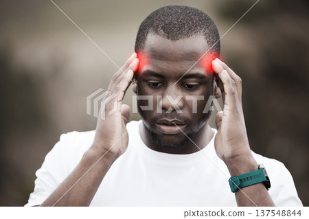 Man, stress headache and outdoor for fitness, injury and exercise with training, thinking and ideas in nature. African runner guy, hands and head with red glow overlay for workout, migraine and pain 137548844