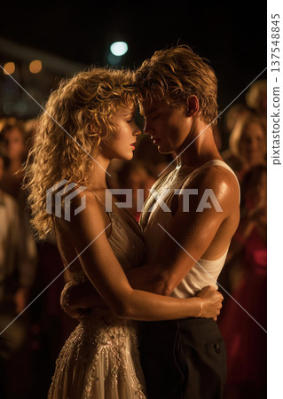 Couple dancing closely under evening lights in a lively modern setting 137548845