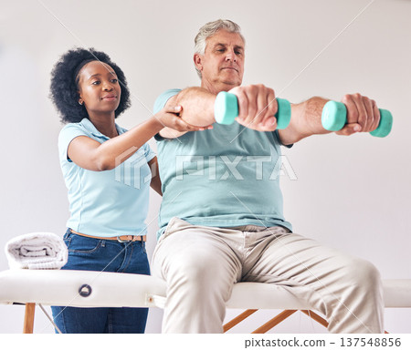 Old man, exercise and physiotherapy with dumbbell for wellness and muscle training on bed with black woman. Healthcare, physiotherapist and senior with workout for healing help, support and fitness Old man, exercise and physiotherapy with dumbbell for wellness and muscle training on bed with black woman. Healthcare, physiotherapist and senior with workout for healing help, support and fitness 137548856
