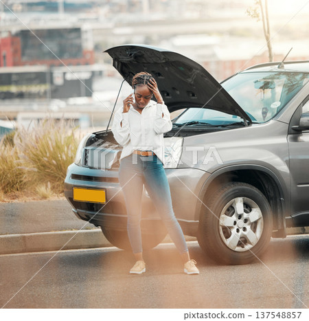 Frustration, phone call and black woman with stuck car in the road with stress for engine problem emergency. Transport, travel and upset African person on mobile conversation for accident in street. Frustration, phone call and black woman with stuck car in the road with stress for engine problem emergency. Transport, travel and upset African person on mobile conversation for accident in street. 137548857
