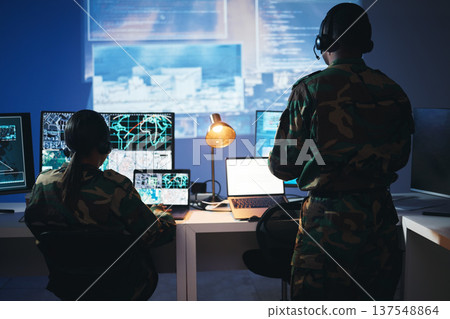 Control room, military and people on computer for surveillance, tracking operation and national security. Army, government and soldiers online for cybersecurity, communication network and monitoring 137548864