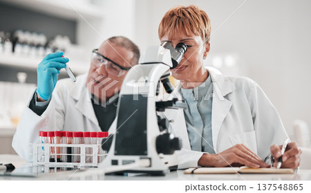 Science, team and microscope for test in laboratory, medical investigation or healthcare innovation. Man, woman and biotechnology analysis for vaccine development, chemistry research and review notes 137548865