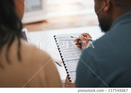 Couple, mortgage paperwork and loan application with finance, investment and property opportunity. People apply for new home together, writing on documents and information, back view with real estate 137548867