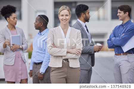 Business, portrait and woman with hands crossed for leadership and teamwork on rooftop of office building with collaboration. Team, people and professional employee in human resources and corporate Business, portrait and woman with hands crossed for leadership and teamwork on rooftop of office building with collaboration. Team, people and professional employee in human resources and corporate 137548928