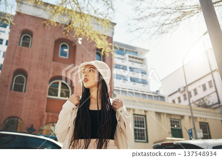 Woman relax, travel and gen z fashion in city with thinking and freedom from urban adventure in New York, African female teenager, streetwear clothes and outdoor on a journey in town on a trip Woman relax, travel and gen z fashion in city with thinking and freedom from urban adventure in New York, African female teenager, streetwear clothes and outdoor on a journey in town on a trip 137548934