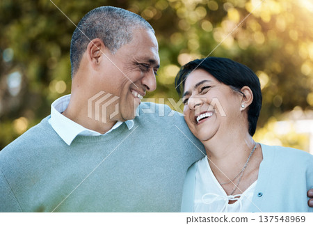 Love, happy and senior couple in park laughing for comic, comedy or funny joke in conversation. Smile, nature and elderly man and woman in retirement talking, bonding and having fun together in field Love, happy and senior couple in park laughing for comic, comedy or funny joke in conversation. Smile, nature and elderly man and woman in retirement talking, bonding and having fun together in field 137548969