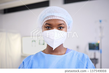 Portrait, black woman and doctor with a mask, safety and protection in a hospital, surgeon and physician. Face cover, medical professional and employee in a clinic, regulations and healthcare policy Portrait, black woman and doctor with a mask, safety and protection in a hospital, surgeon and physician. Face cover, medical professional and employee in a clinic, regulations and healthcare policy 137549008