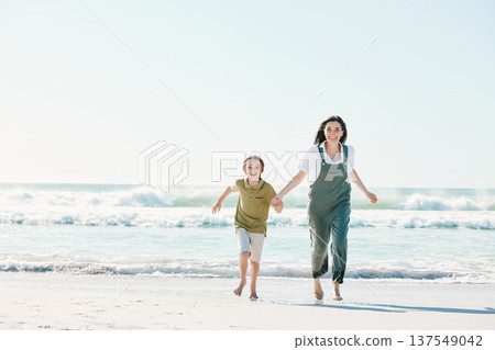 Running, holding hands and mother with child on beach for energy, freedom and summer vacation mockup. Love, relax and adventure with family on seaside holiday for health, bonding and games together Running, holding hands and mother with child on beach for energy, freedom and summer vacation mockup. Love, relax and adventure with family on seaside holiday for health, bonding and games together 137549042