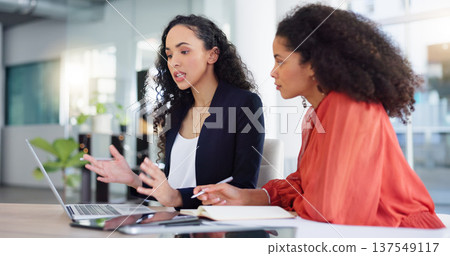 Coaching, training and woman with mentor writing, learning and taking notes in office. Laptop, teaching and manager talking, explain and helping intern with notebook, project and business report. 137549117