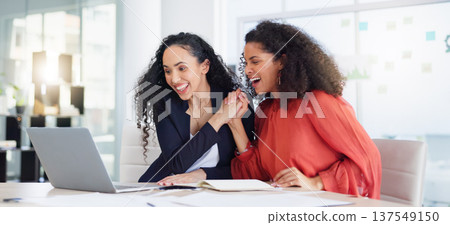Laptop, success and business women high five to celebrate goals, targets or achievement in office. Winner, wow surprise and happy friends or employees in celebration of winning, promotion and bonus. 137549150