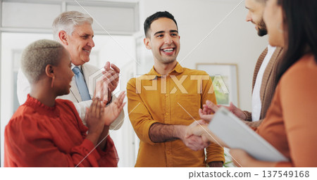 Business people, applause and handshake for teamwork success, collaboration and project congratulations. Marketing group, man shaking hands and clapping for deal, thank you and sales winner in office 137549168