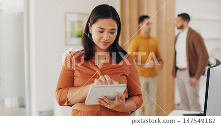 Business woman, tablet and designer reading project plan, advertising report or social media research, info or notes. Website analysis, connectivity and professional person check design development 137549182