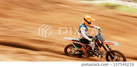 Motorcycle, speed and motion blur with a man training on space in the desert for dirt biking. Bike, fitness and sports with a person driving fast on an off road course for freedom or performance Motorcycle, speed and motion blur with a man training on space in the desert for dirt biking. Bike, fitness and sports with a person driving fast on an off road course for freedom or performance 137549219