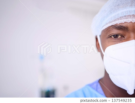 Portrait, face mask and black man, surgeon or healthcare expert for surgery support, hospital services or medical help. Wellness, mockup space and health doctor commitment in operating room theatre 137549235