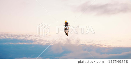 Motorcycle, blue sky and jump for training or sports with fitness, balance or challenge in nature on mock up space. Bike, freedom and adventure for competition, exercise or talent with safety gear Motorcycle, blue sky and jump for training or sports with fitness, balance or challenge in nature on mock up space. Bike, freedom and adventure for competition, exercise or talent with safety gear 137549258
