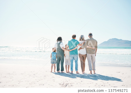 Back, beach and family with love, hug and summer vacation with bonding, support and travel. Grandparents, mother and father with children, embrace or seaside holiday with care, ocean and mockup space 137549271