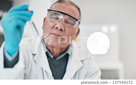 Scientist, man and test tube in laboratory for medical investigation, chemistry research and vaccine. Science, senior worker and dna analysis for blood sample, medicine and healthcare development Scientist, man and test tube in laboratory for medical investigation, chemistry research and vaccine. Science, senior worker and dna analysis for blood sample, medicine and healthcare development 137549272