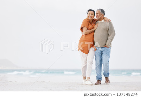 Beach, mockup or mature happy couple looking at view, tropical advertising space or travel vacation destination. Winter date, nature wellness bond or relax man, woman or people walking on island sand Beach, mockup or mature happy couple looking at view, tropical advertising space or travel vacation destination. Winter date, nature wellness bond or relax man, woman or people walking on island sand 137549274